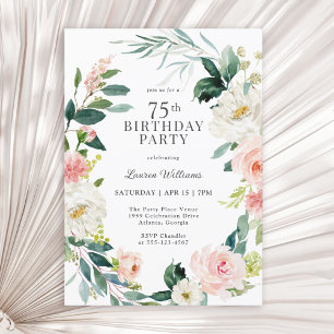 Feminine Blush Rose Floral 75th Birthday Party Invitation
