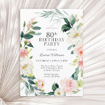 Feminine Blush Rose Floral 80th Birthday Party Invitation<br><div class="desc">A beautifully feminine 80th birthday party invitation framed in a wreath of blush pink and white watercolor roses and trailing greenery. The colour combinations are both feminine and cheerful to prepare your guests for a happy celebration. Personalise with your event details by replacing the sample text shown in the design...</div>