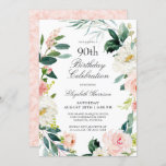 Feminine Blush Rose Floral 90th Birthday Party Invitation<br><div class="desc">A wonderfully feminine 90th birthday party invitation framed in a wreath of blush pink and white watercolor roses and trailing greenery. The colour combinations are both feminine and cheerful to prepare your guests for a happy celebration. Personalise with your event details by replacing the sample text shown in the design...</div>