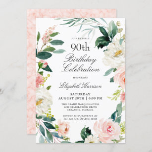 Feminine Blush Rose Floral 90th Birthday Party Invitation