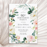 Feminine Blush Rose Floral 90th Birthday Party Invitation<br><div class="desc">A beautifully feminine 90th birthday party invitation framed in a wreath of blush pink and white watercolor roses and trailing greenery. The colour combinations are both feminine and cheerful to prepare your guests for a happy celebration. Personalise with your event details by replacing the sample text shown in the design...</div>