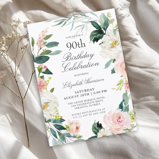 Feminine Blush Rose Floral 90th Birthday Party Invitation (Available in both printed and instant download digital formats.)