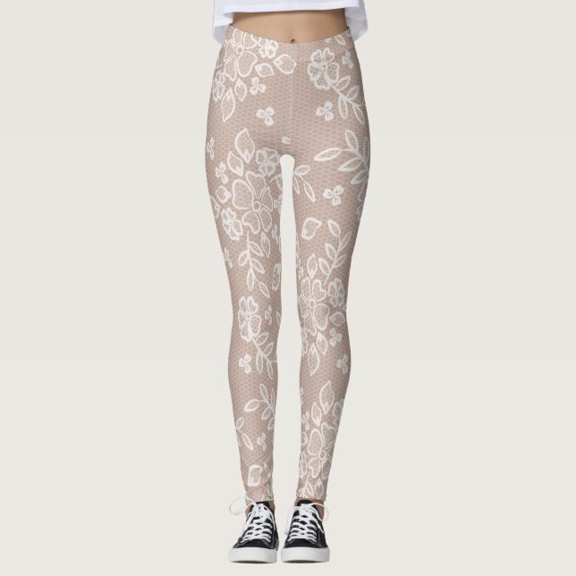 Feminine Blush & White  Trendy Lace Yoga Leggings (Front)