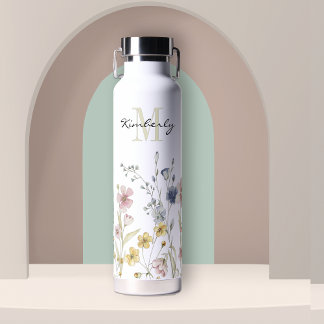 Feminine Boho Botanical Wildflowers with Monogram Water Bottle