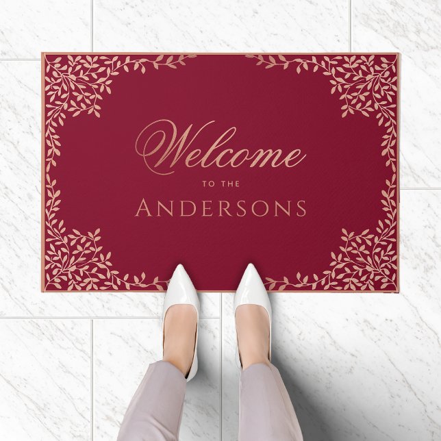 Feminine Burgundy Pink Welcome Rose Gold Leaves  Doormat (Creator Uploaded)