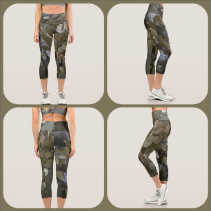 Feminine Camouflage Green and Grey Capri Leggings