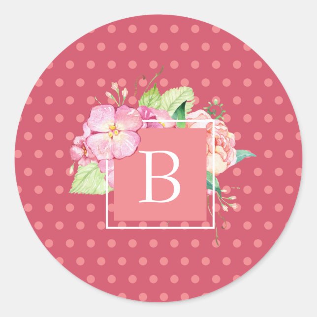 Feminine Chic Monogrammed Initial Pink Dot Floral Classic Round Sticker (Front)