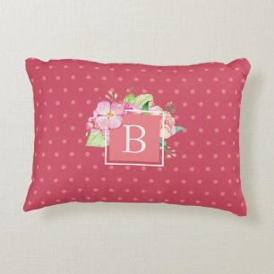 Feminine Chic Monogrammed Initial Pink Dot Floral Decorative Cushion