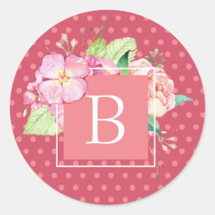 Feminine Chic Monogrammed Large Initial Dot Floral Classic Round Sticker