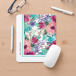 Feminine Colourful Watercolor Floral Pattern Mouse Mat