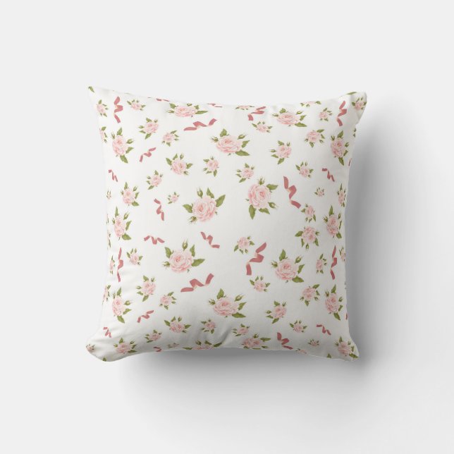 Feminine Coquette Aesthetic Floral Pink Ribbon  Cushion (Front)