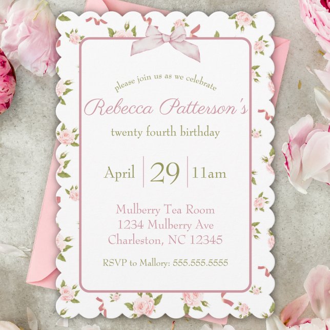 Feminine Coquette Vintage Floral Birthday Party Invitation (coquette feminine sweet pink floral vintage pattern birthday party invitation soft pink green bow )