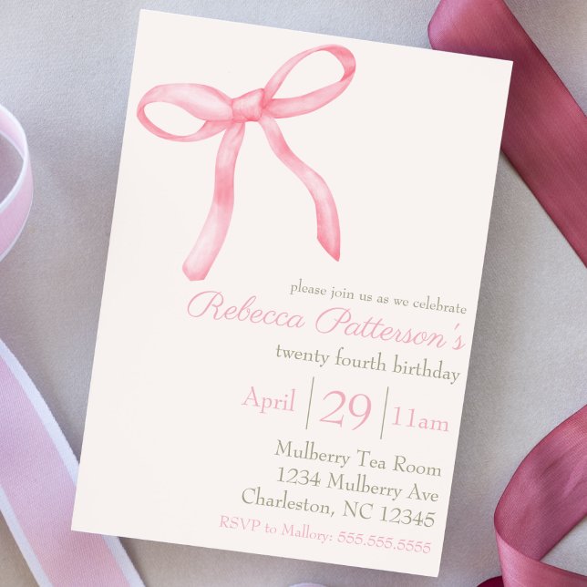 Feminine Coquette Watercolor Pink Cute Bow Invitation (feminine coquette pink bow party invitation for birthday pink and green girly sweet bday shabby chic)