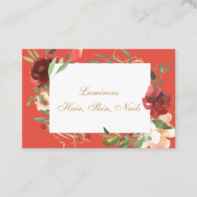 Feminine Coral and Burgundy Floral Frame Business Card (Front)