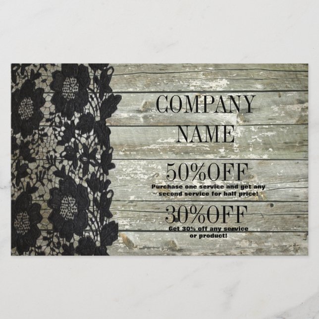 Feminine country chic black lace barn wood flyer (Front)