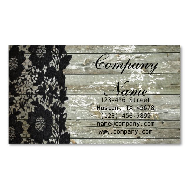 Feminine country chic black lace barn wood 	Magnetic business card (Front)