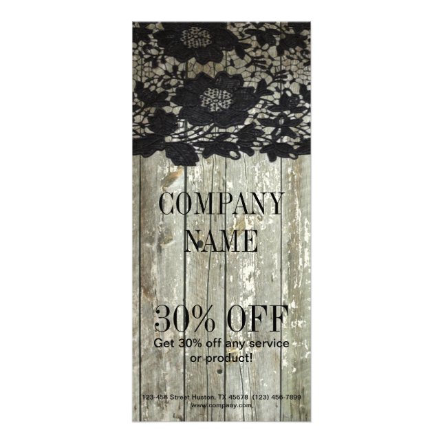 Feminine country chic black lace barn wood rack card (Front)
