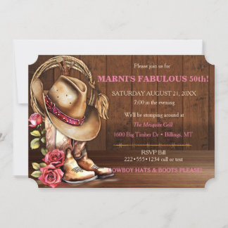 Feminine Cowboy Hat Boots Roses Wood Western Invitation
