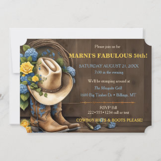 Feminine Cowboy Hat Boots Roses Wood Western Invitation