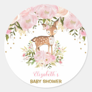 Feminine Deer Baby Shower Blush Pink Floral Classic Round Sticker