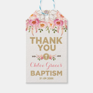 Feminine Dreamcatcher Pink Gold Flowers Baptism Gift Tags