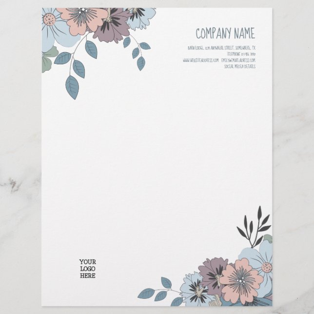 Feminine Dusty Blue Salmon Pink Florals Logo Custom Letterhead (Front)