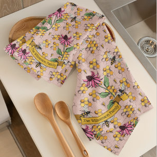 Feminine Farmhouse Bee & Honeycomb Family Name Tea Towel
