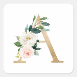 Feminine Faux Gold Foil Floral Letter A Monogram Square Sticker