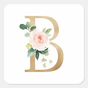 Feminine Faux Gold Foil Floral Letter B Monogram Square Sticker