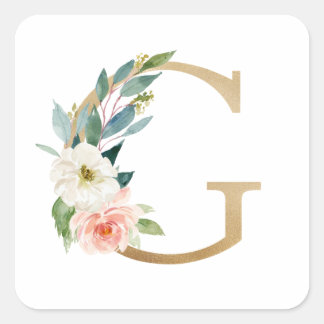 Feminine Faux Gold Foil Floral Letter G Monogram Square Sticker