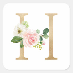Feminine Faux Gold Foil Floral Letter H Monogram Square Sticker