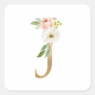 Feminine Faux Gold Foil Floral Letter J Monogram Square Sticker