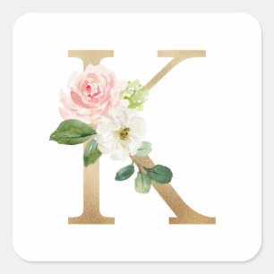 Feminine Faux Gold Foil Floral Letter K Monogram Square Sticker