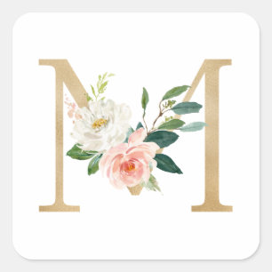 Feminine Faux Gold Foil Floral Letter M Monogram Square Sticker
