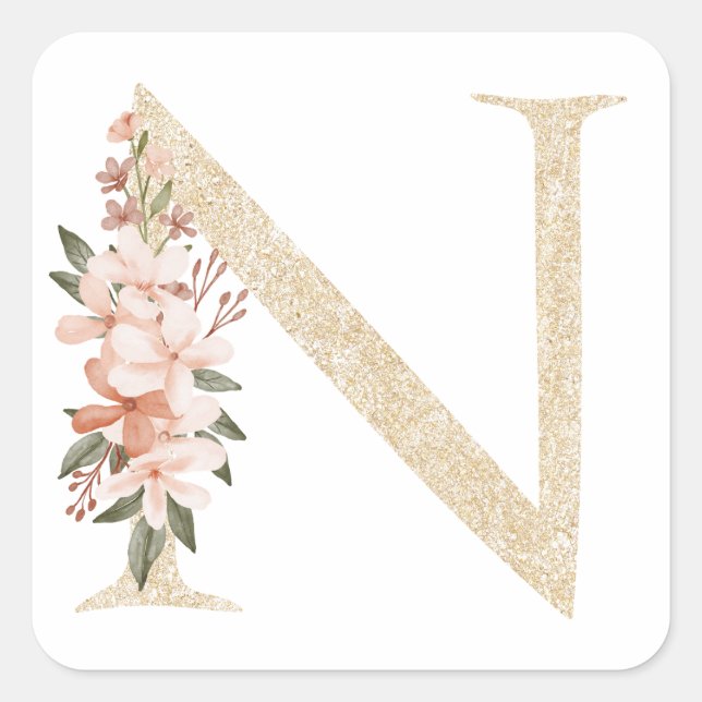 Feminine Faux Gold Foil Floral Letter N Monogram Square Sticker (Front)