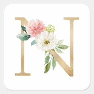 Feminine Faux Gold Foil Floral Letter N Monogram  Square Sticker