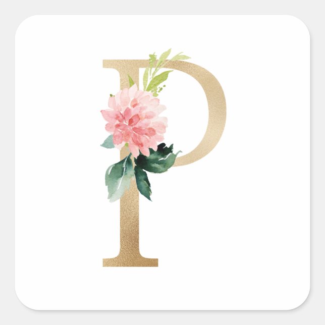 Feminine Faux Gold Foil Floral Letter P Monogram Square Sticker (Front)