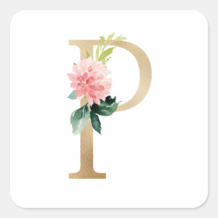Feminine Faux Gold Foil Floral Letter P Monogram Square Sticker
