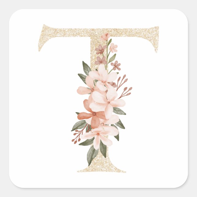 Feminine Faux Gold Foil Floral Letter T Monogram Square Sticker (Front)