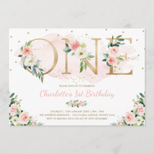 Feminine Floral 1st Birthday Blush Pink Flowers Invitation