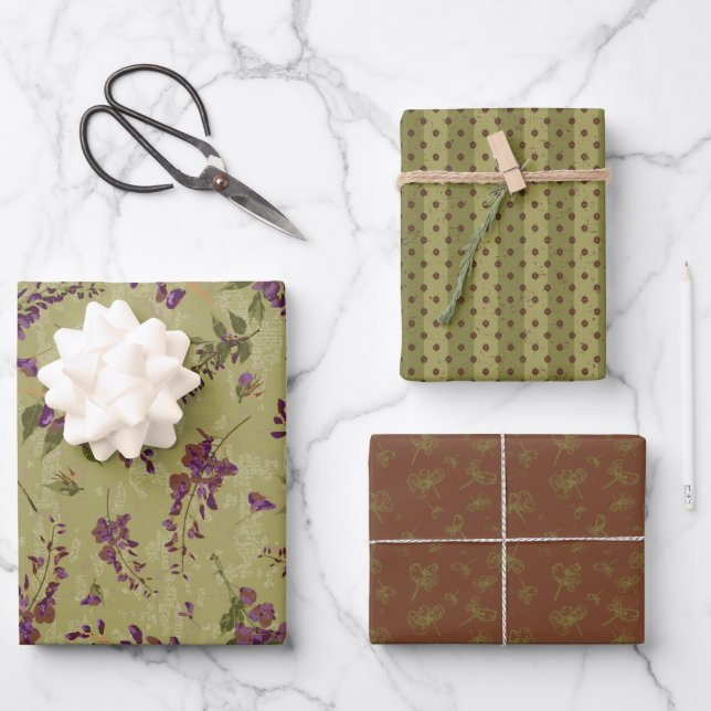 Feminine Floral and Stripes Wrapping Paper Sheet (Front)