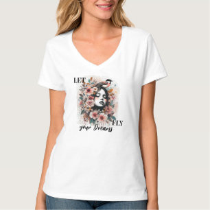 Feminine Floral Art with Bird and Dream Quote T-Shirt