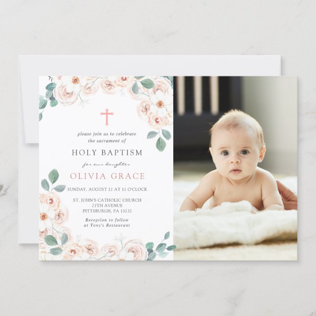 Feminine Floral Baptism Photo Invitation (Front)