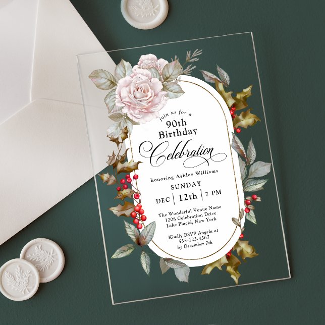 Feminine Floral December 90th Birthday Celebration Acrylic Invitations (Creator Uploaded)