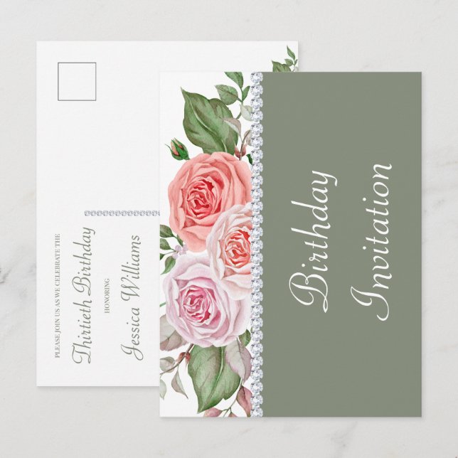 Feminine Floral & Diamond 30th Birthday Invitation Postcard (Front/Back)