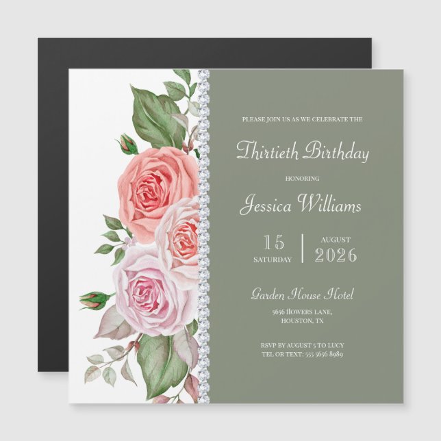 Feminine Floral & Diamond 30th Birthday Magnetic Invitation (Front/Back)