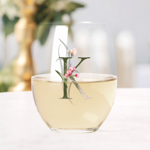 Feminine Floral Monogram Initial Letter K Stemless Wine Glass