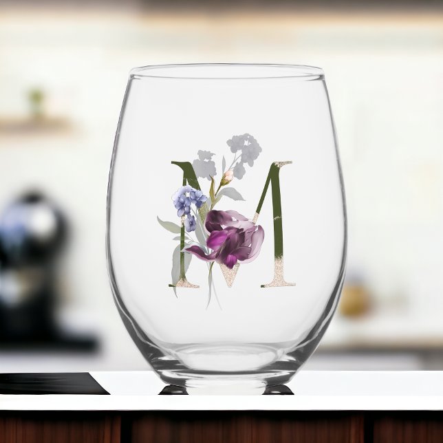 Feminine Floral Monogram Initial Letter M Stemless Wine Glass (Creator Uploaded)