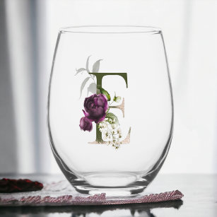 Feminine Floral Monogram The Letter E Stemless Wine Glass