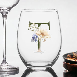 Feminine Floral Monogram The Letter T Stemless Wine Glass